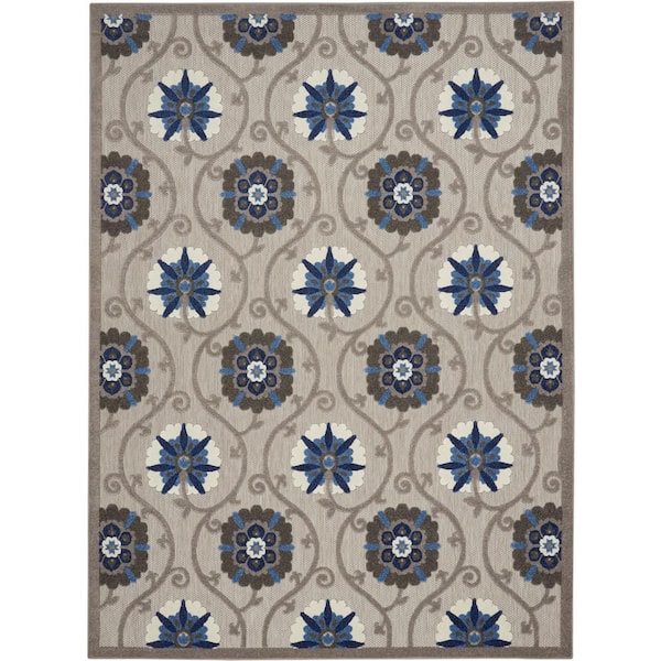 Nourison Aloha Grey/Blue 6 ft. x 9 ft. Floral Contemporary Indoor/Outdoor Area Rug