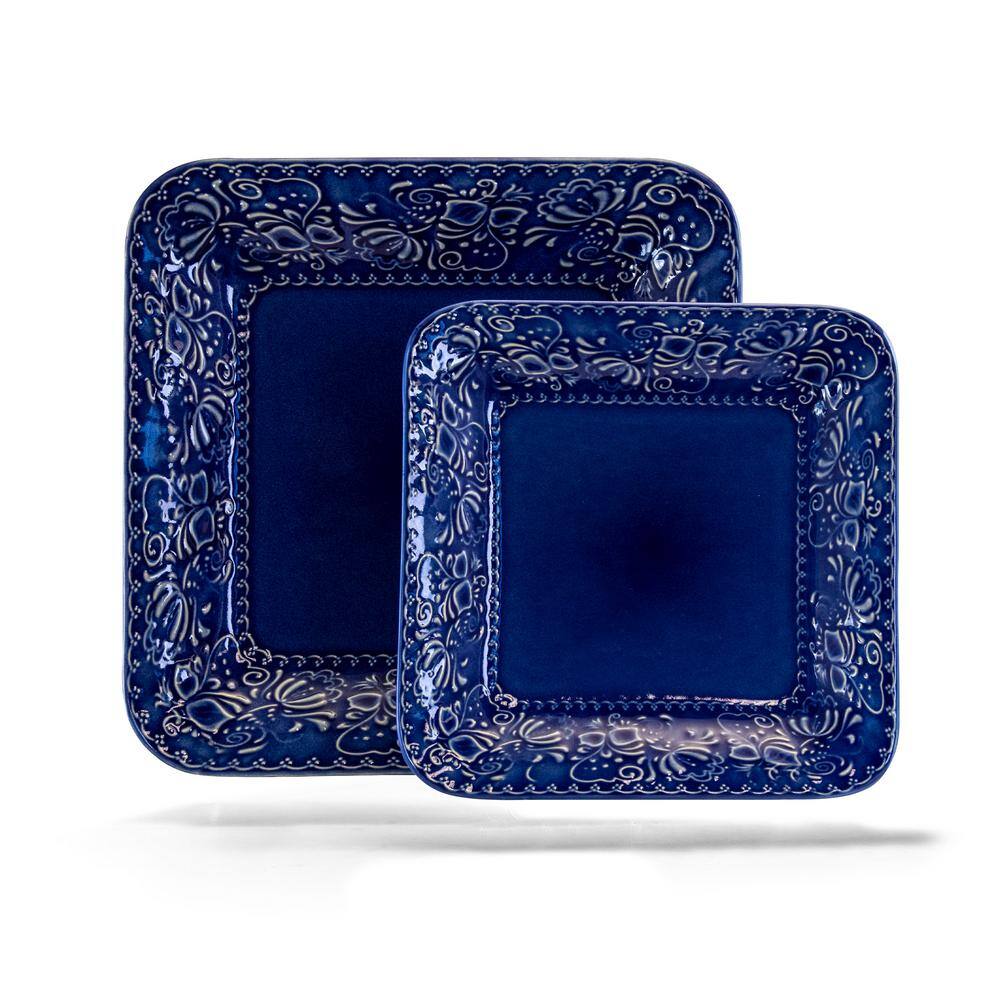 Indigo Lotus Floral Ceramic Square Dinnerware Set, Service for 4