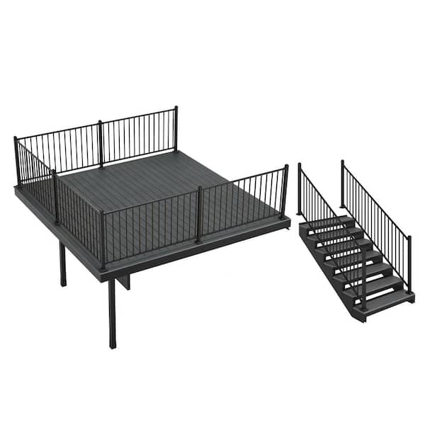 FORTRESS Infinity Attached 12 ft. x 12 ft. Cape Town Gray Composite Deck and 7-Step Stair Kit with Steel Framing and Railing