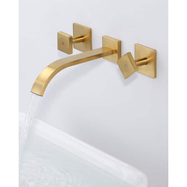 Solid Brass Double Handle Wall Mounted Waterfall Bathroom Faucet in Brushed Gold
