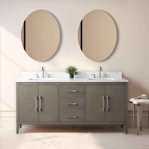 Vanity Art 72 in. W. x 22 in. D x 34 in. H Double Sink Bathroom Vanity Cabinet Driftwood Gray with Engineered Marble Top in White