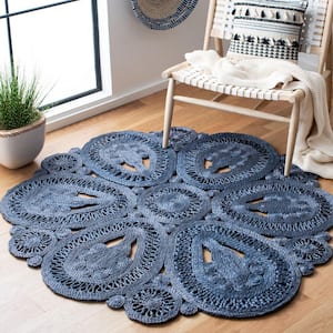 Natural Fiber Navy 10 ft. x 10 ft. Woven Floral Round Area Rug