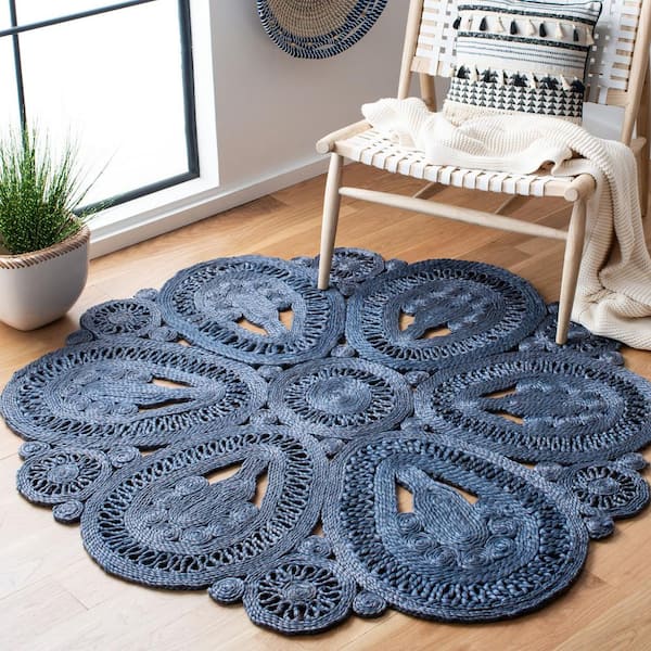 Natural Fiber Navy 5 ft. x 5 ft. Woven Floral Round Area Rug