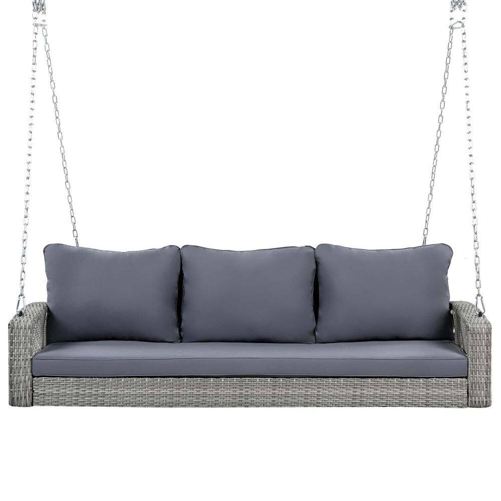 3-Person PE Wicker Porch Swing with Chains, Outdoor Rattan Patio Swing Loun