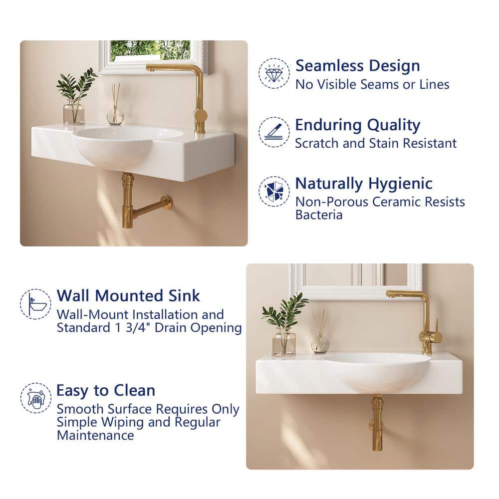30'' White Ceramic Wall-Mount Bathroom Sink with Faucet Hole