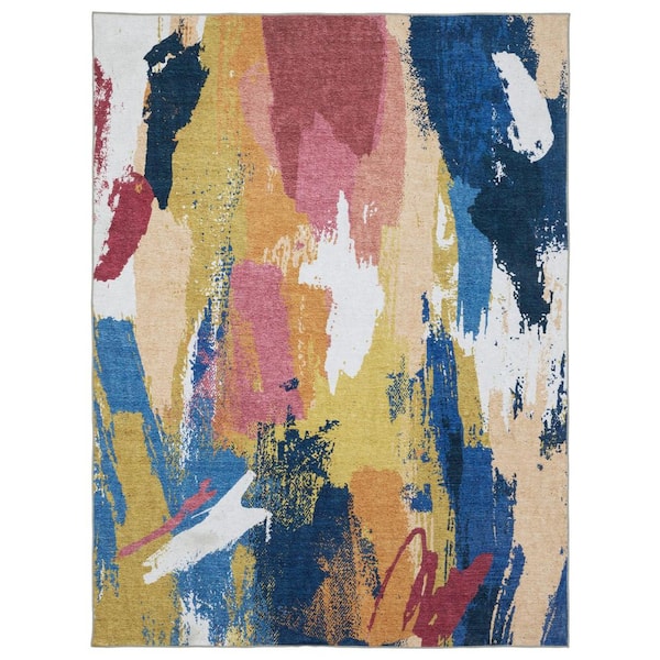 4' X 6' Blue And Gold Abstract Distressed Area Rug