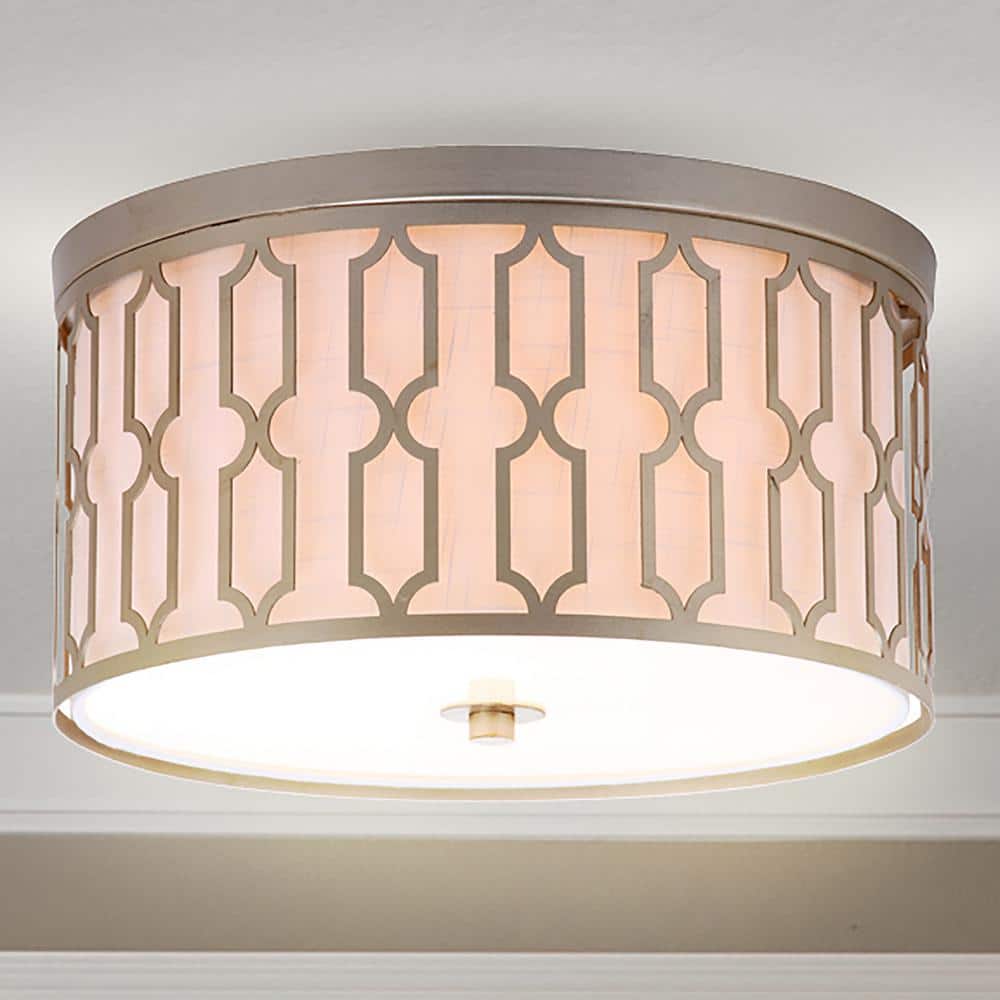 Soft Gold Geometric 3-Light LED Flush Mount with White Linen Shade