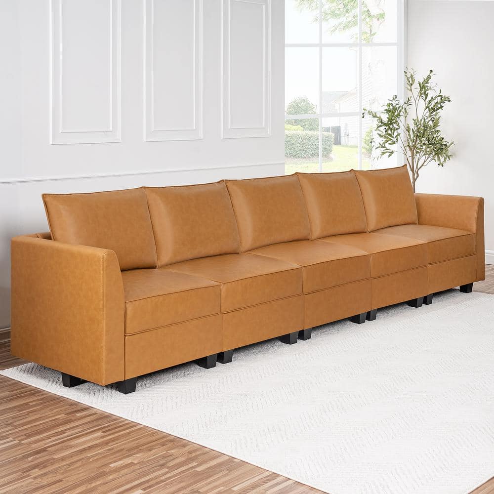 MAYKOOSH 138.59 In. Contemporary 1-Piece Caramel Faux Leather 5-Seater ...