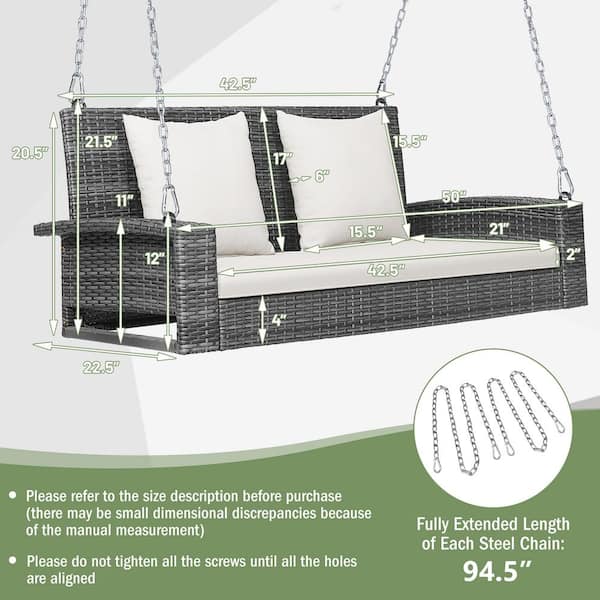 Costway 2-Person PE Wicker Hanging Porch Patio Swing Bench Chair with White Cushion