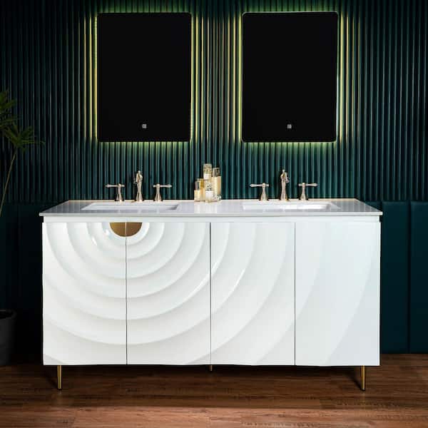 59.88 in. W x 22 in. D Double Sink Freestanding Bath Vanity in White with White Engineered stone Vanity Top