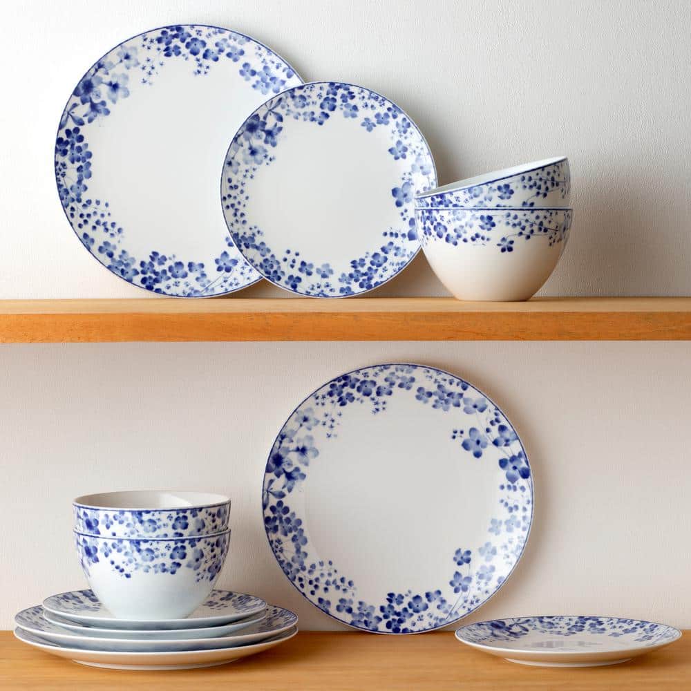 Blue and White Porcelain Floral 12-Piece Dinnerware Set