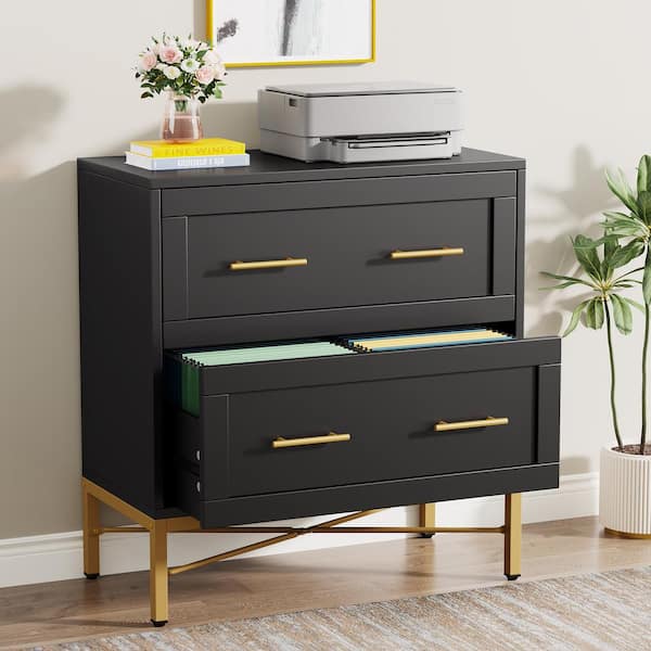 BYBLIGHT Atencio 2-Drawer Black Wood 32 in. W Lateral File Cabinet, Modern Gold Lateral Filing Cabinet for Letter/Legal/A4 Size