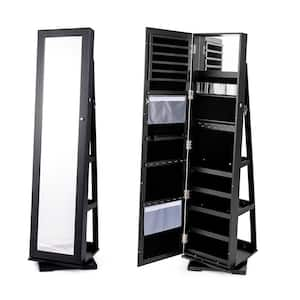 360° Rotatable Jewelry Cabinet Armoire 2-in-1 Lockable Mirrored Black