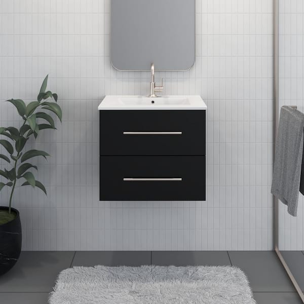 VOLPA USA AMERICAN CRAFTED VANITIES Napa 24 in. W x 18 in. D Floating Bath Vanity in Glossy Black with Ceramic Vanity Top in White with White Basin