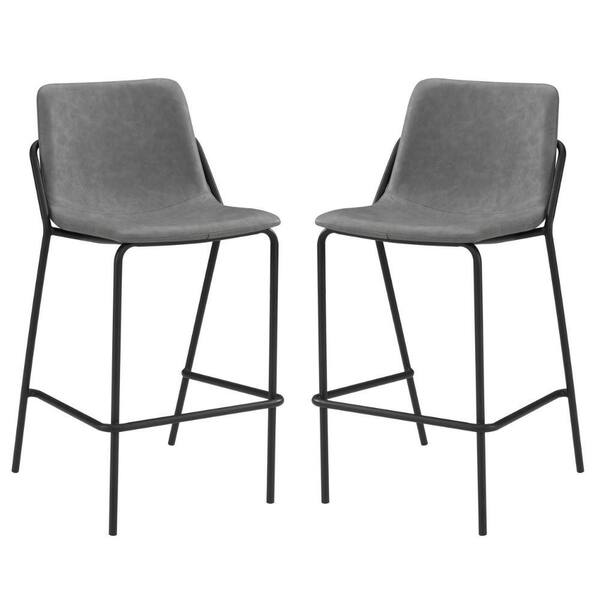 Benjara 28.75 in. Gray and Black Low Back Metal Frame Barstool with Leatherette Seat (Set of 2)