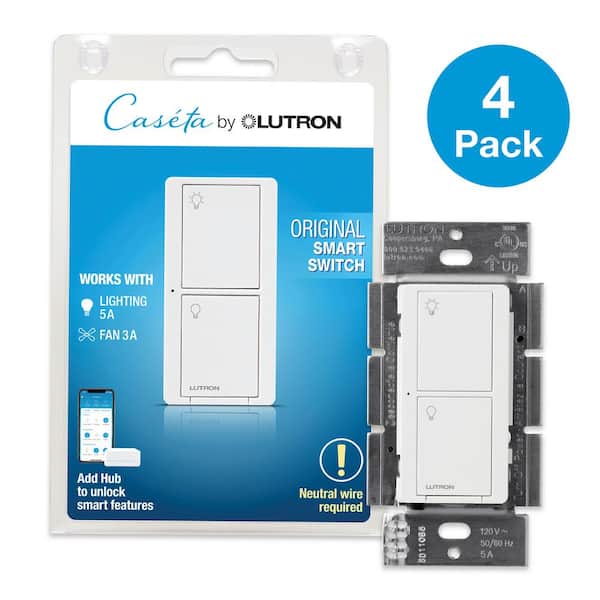 Lutron Caseta Smart Switch for All Bulb Types or Fans, 5A, Neutral Wire Required, White (PD-5ANS-WH-R-4) (4-Pack)