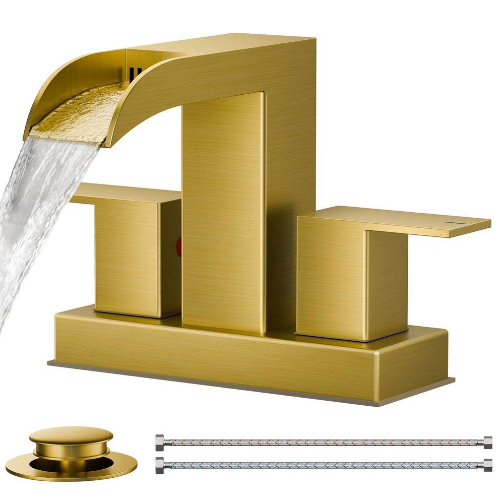 Waterfall 4 in. Centerset Double Handle Low Arc Bathroom Faucet with Drain in Brushed Gold price history on PriceWatchPro