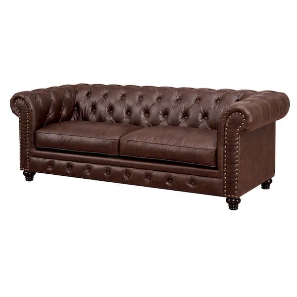 Furniture of America Aliva 90 in. Flared Arm Faux Leather 2-Seats Straight Sofa in Brown