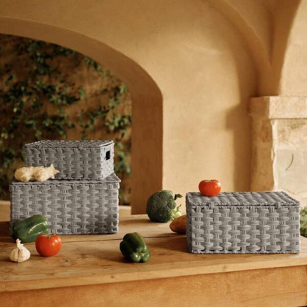 Gray 14.3 in. x 7 in. Plastic Decorative Basket with Lids Set of 3