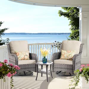 Erie Lake 2-Piece Gray Wicker Outdoor Rocking Chair Set with Beige Cushions and 1 Table