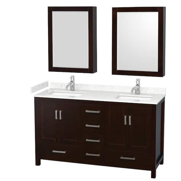 Wyndham Collection Sheffield 60 in. W x 22 in. D x 35 in. H Double Bath Vanity in Espresso with Carrara Cultured Marble Top and MC Mirrors