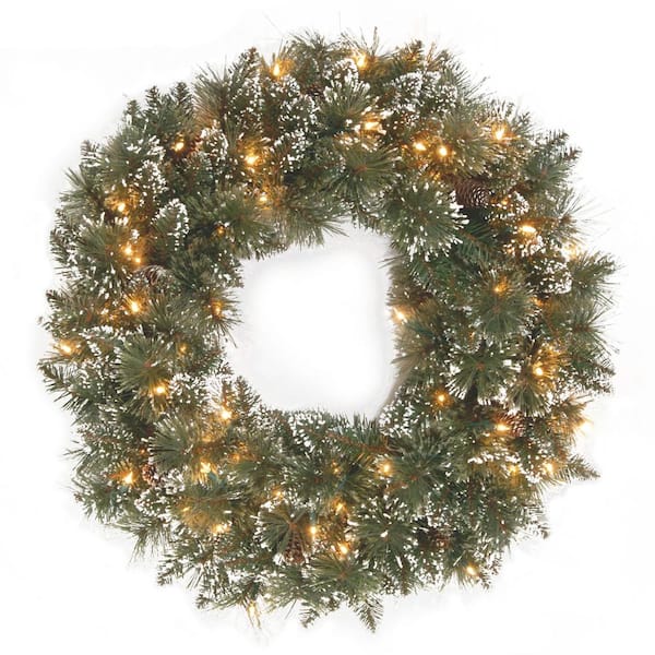National Tree Company 30 in. Glittery Bristle Pine Artificial Wreath with Clear Lights