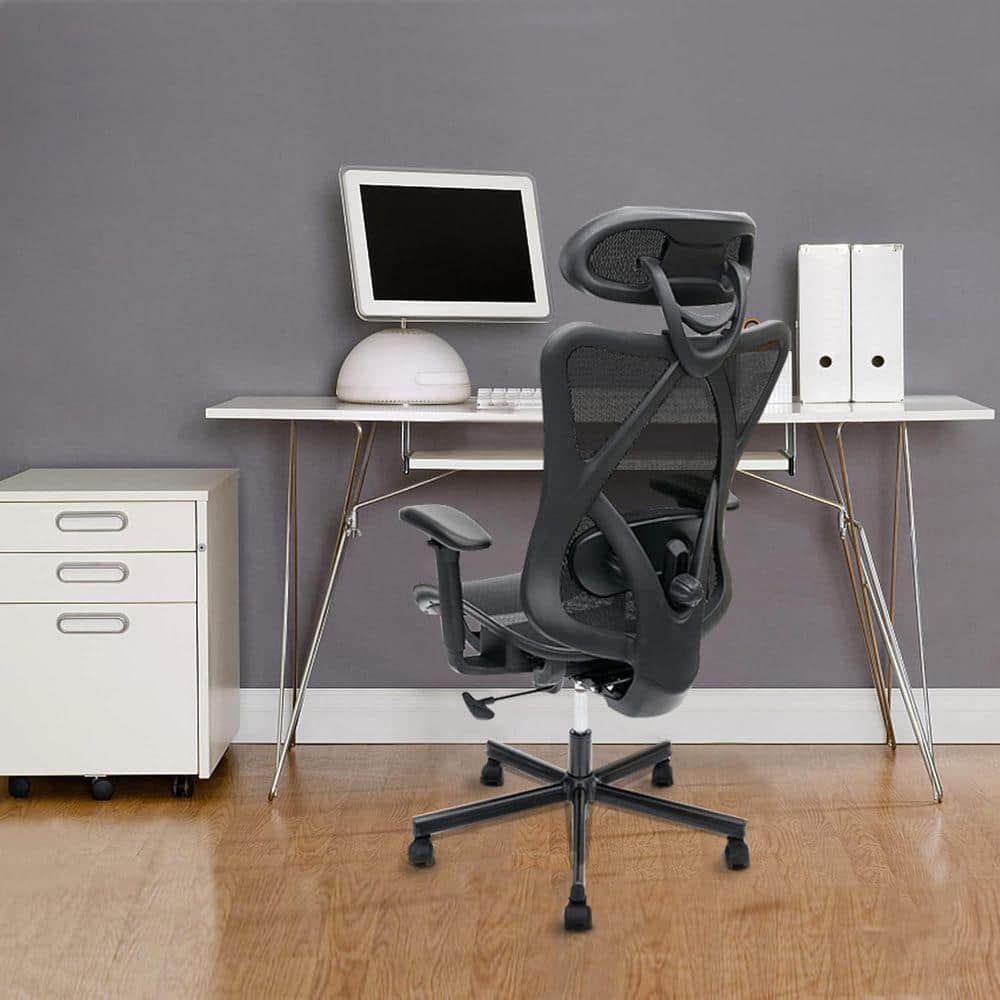 High Back Mesh Office Chair with Lumbar Support and Headrest in Black