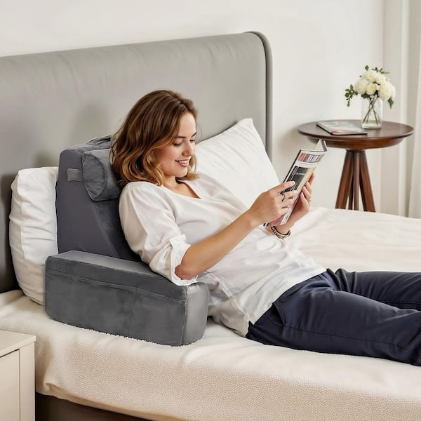 Reading Pillow, Backrest Support Pillow with Arm and 3 Pockets, 28 x 25in. Large Size Bed Pillow Gray