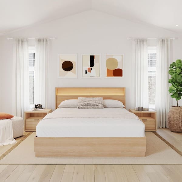 Nexera Harlow 4-Piece Natural Blonde Oak Wood Composite Queen Size Bedroom Set with Lighted Headboard