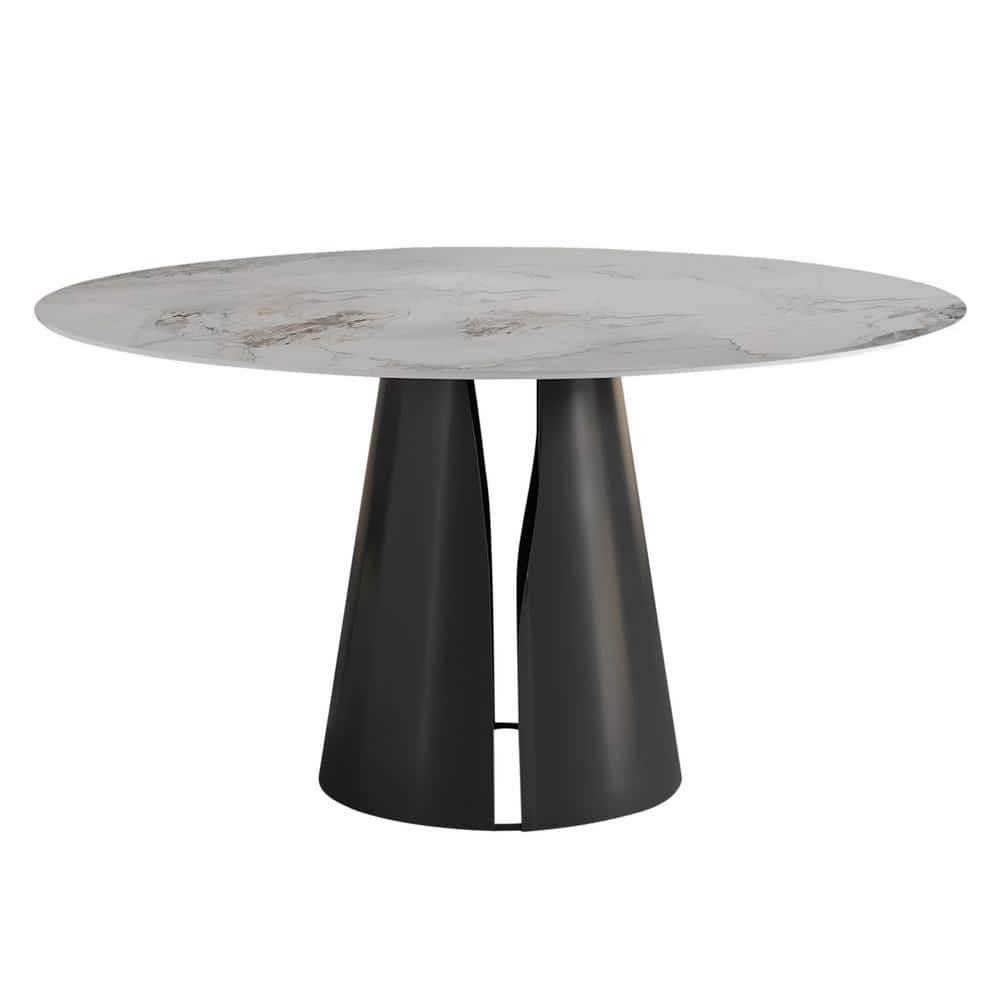 Modern Round Grayish White Chanel Rock Stone Tabletop 53.15 in. Carbon Stee