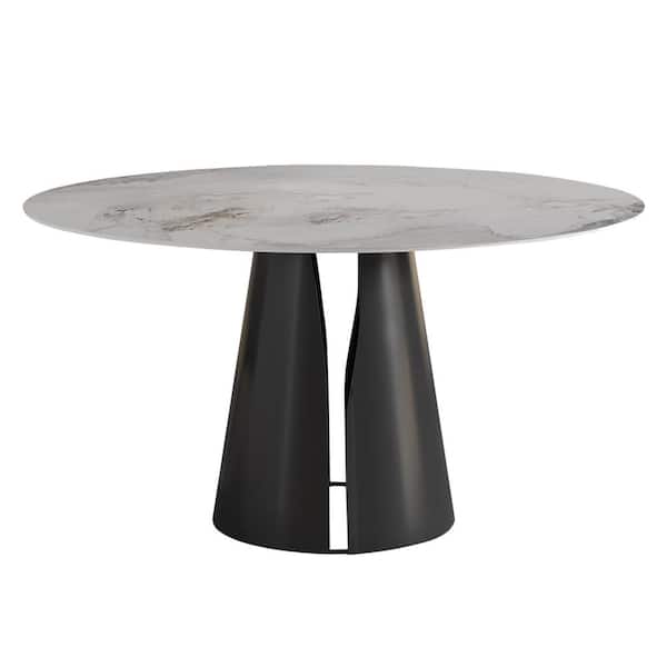 Lesly Modern Round Grayish White Chanel Rock Stone Tabletop 53.15 in. Carbon Steel Black Pedestal Base Dining Table (4-Seats)