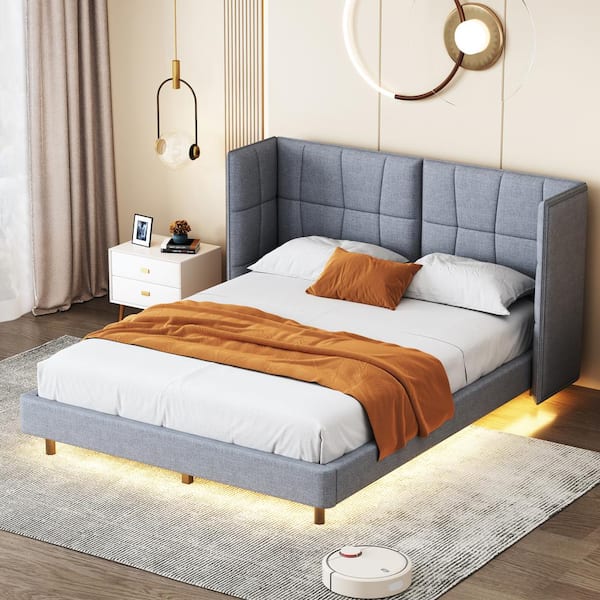 Harper & Bright Designs Gray Wood Frame Queen Upholstered Platform Bed with LED Lights and U-Shaped Headboard