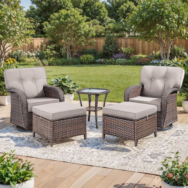 Brynn Rattan Brown 5-Piece Outdoor Patio Conversation Set with Beige Cushions, 2 Swivel Sofas, 2 Ottomans, 1 Side Table