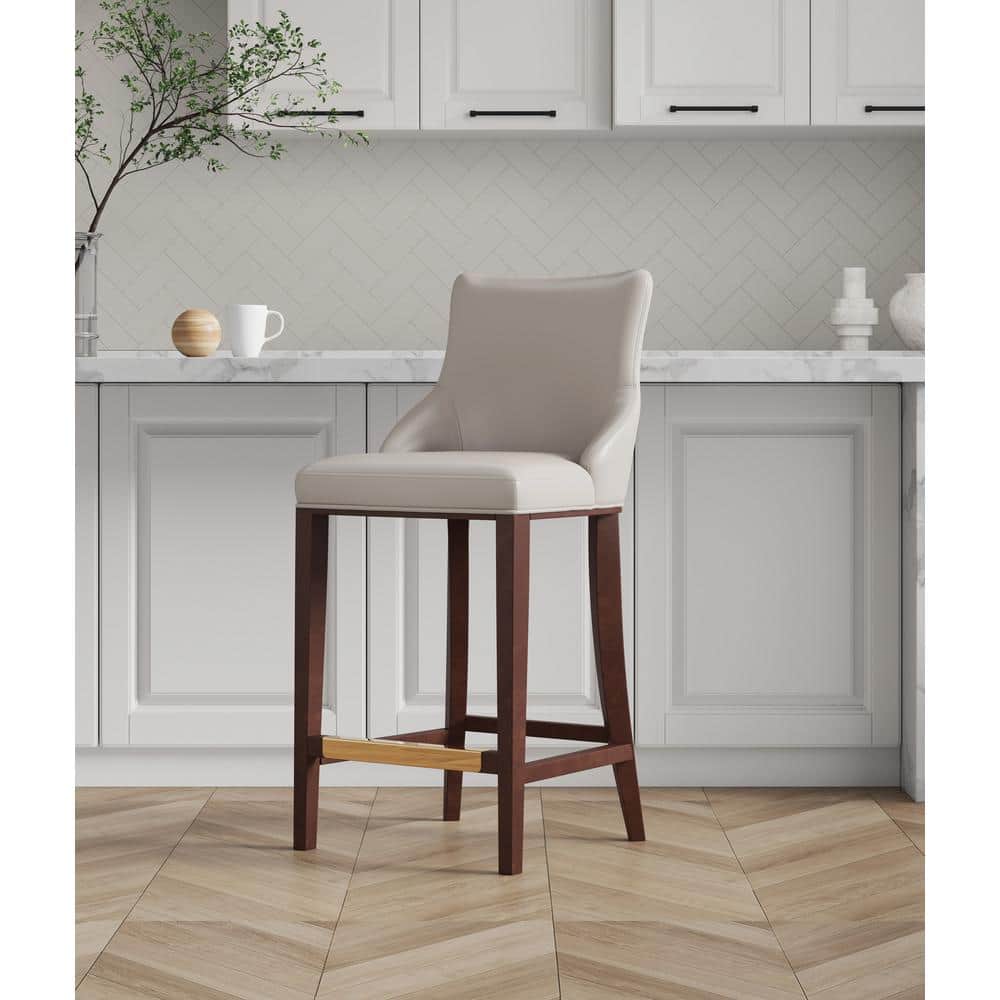 Light Grey Leatherette Upholstered Barstool with Beech Wood Legs