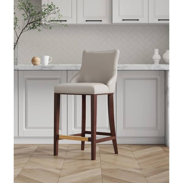 Shubert 29.13 in. Light Grey Beech Wood Bar Stool with Faux Leather Upholstered Seat
