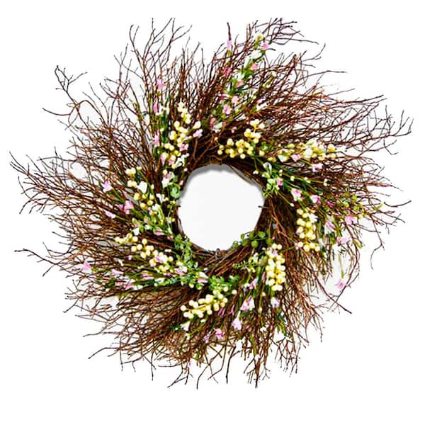 National Tree Company 24 in. Artificial Spring Light Pink & Cream Forsythia Wreath