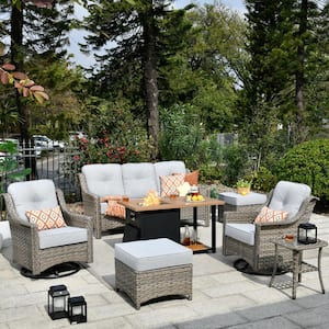 Tulip B Gray 7-Piece Wicker Patio Storage Fire Pit Conversation Set with Swivel Rocking Chairs and Gray Cushions