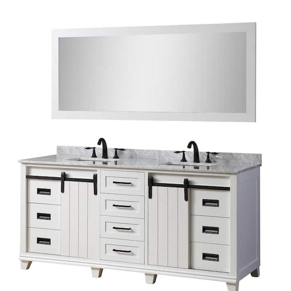 Direct vanity sink Chanceton 71 in. W x 25 in. D x 34 in. H Double Sink Bathroom Vanity in White with White Carrara Marble Top and Mirror