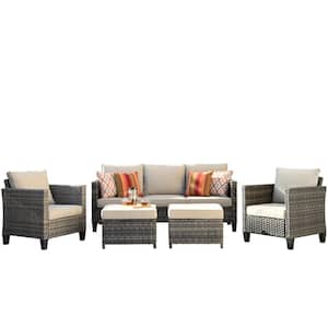 Positano Gray 5-Piece Wicker Outdoor Patio Conversation Seating Set with Beige Cushions