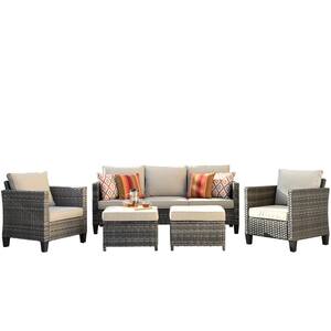 Jupiter Gray 5-Piece Wicker Outdoor Patio Conversation Seating Sofa Set with Beige Cushions