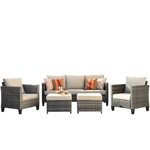 Jupiter Gray 5-Piece Wicker Outdoor Patio Conversation Seating Sofa Set with Beige Cushions