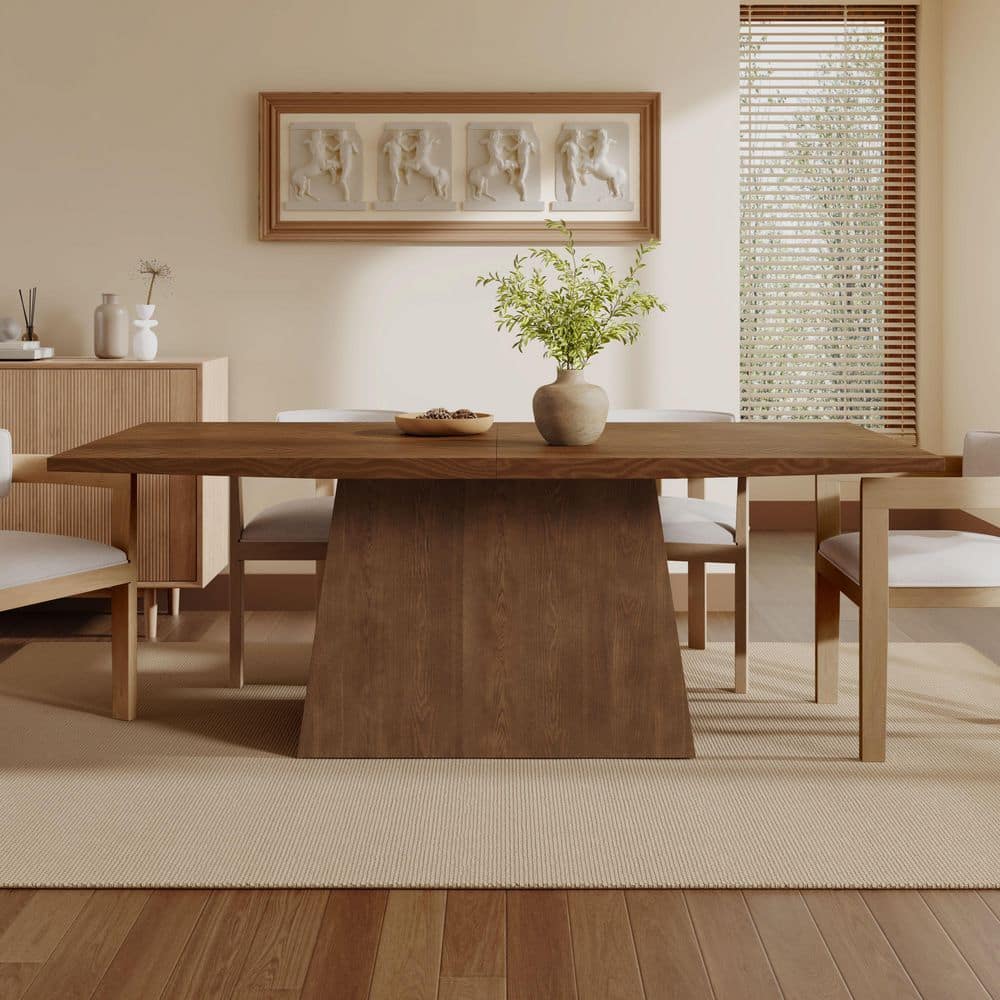 Minimalist Rectangular Walnut Wood 40 in. Pedestal Base Dining Table Seats 6 with Ash Wood Veneer