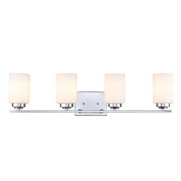 Mod Pod 31.25 in. 4-Light Polished Chrome Bathroom Vanity Light Fixture with Frosted Glass Cylinder Shades