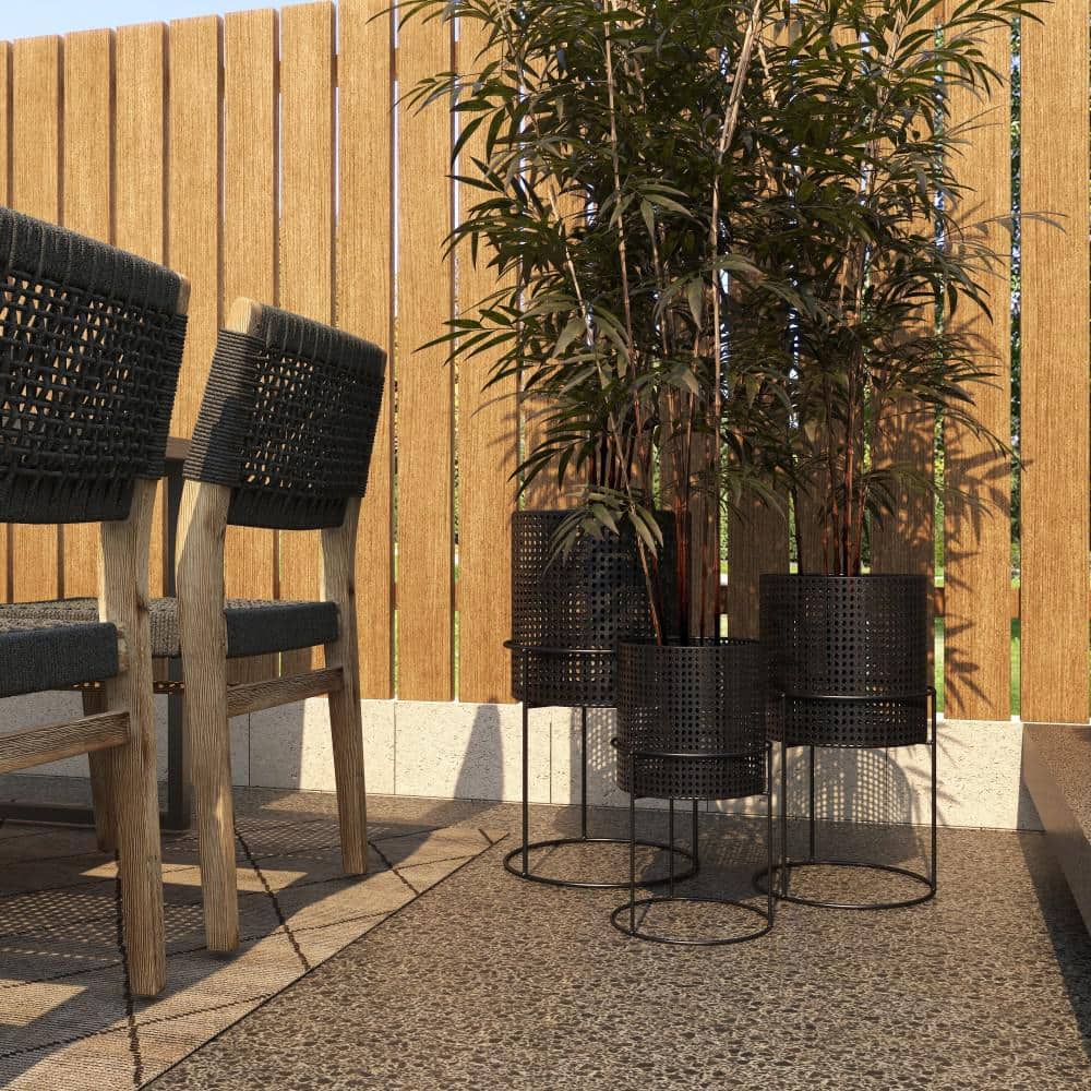 Set of 3 Black Metal Perforated Cylinder Floor Planters