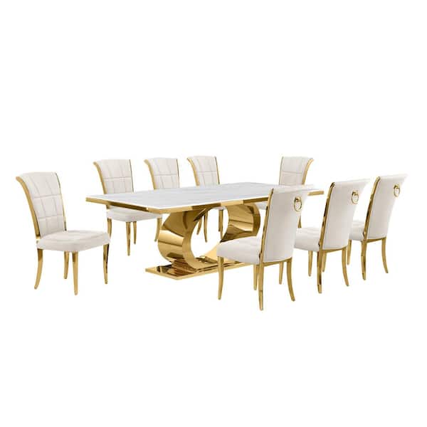 Best Quality Furniture Ibraim 9-Piece Rectangle White Marble Top Gold Stainless Steel Dining Set with 8 Cream Velvet Gold Iron Leg Chairs