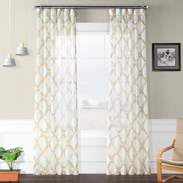 Exclusive Fabrics & Furnishings Normandy Gold Printed Faux Linen Sheer Curtain - 50 in. W x 96 in. L (1 Panel)