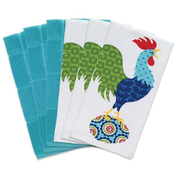 RITZ T-fal Multicolor Rooster Cotton Print Dual and Solid Kitchen Dish Towel (Set of 6)