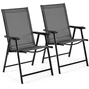 Black Outdoor Texteline Folding Dining Chairs with Armrests (Set of 2)