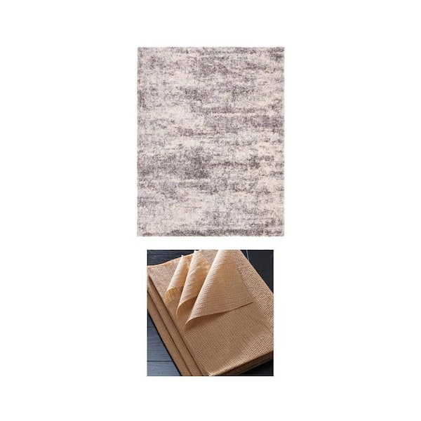 Berber Shag Gray/Cream 10 ft. x 14 ft. Rug with Beige Non-Slip 12 in. Rug Pad Combo