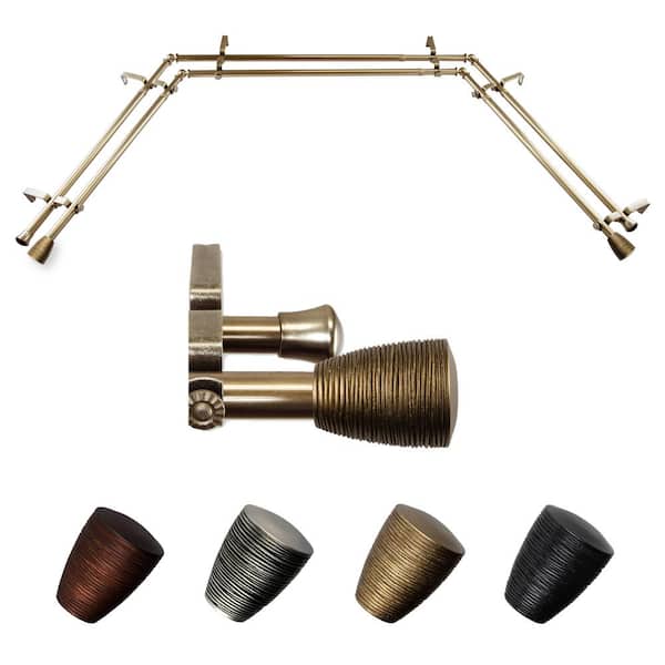 EMOH Senna 20-36 in. sides, 38-72 in. center Adjustable Bay Window Double Curtain Rod 13/16 in. in Antique Brass with Finial